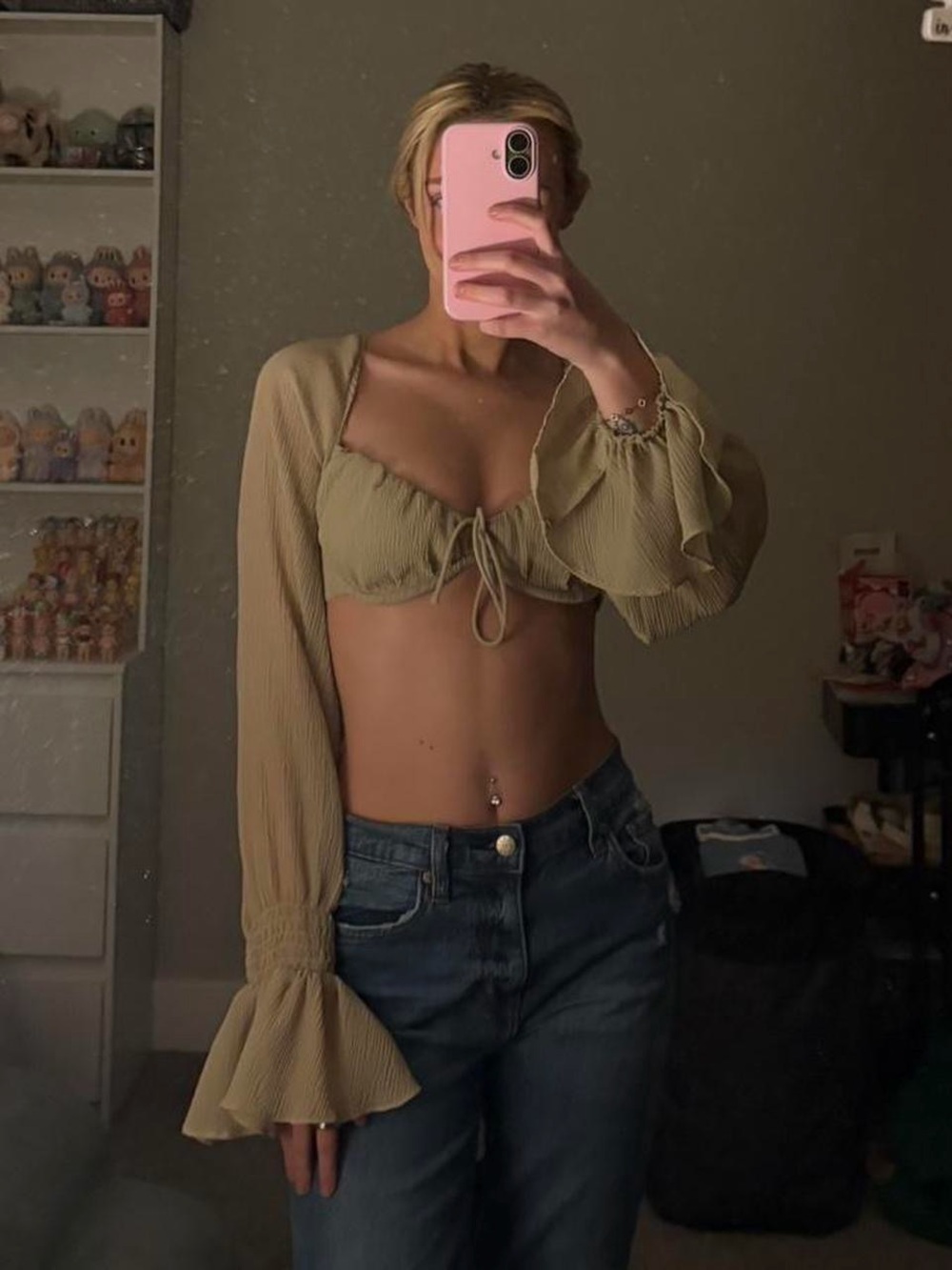 Smocked Tie-Front Crop Top with Bishop Sleeves - light green